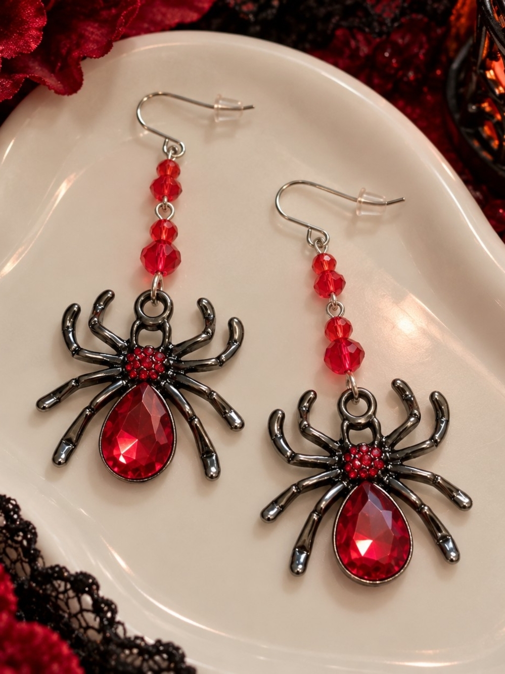 Red Crystal Rhinestone Spider Dangle Drop Earrings - Silver Tone Metal New